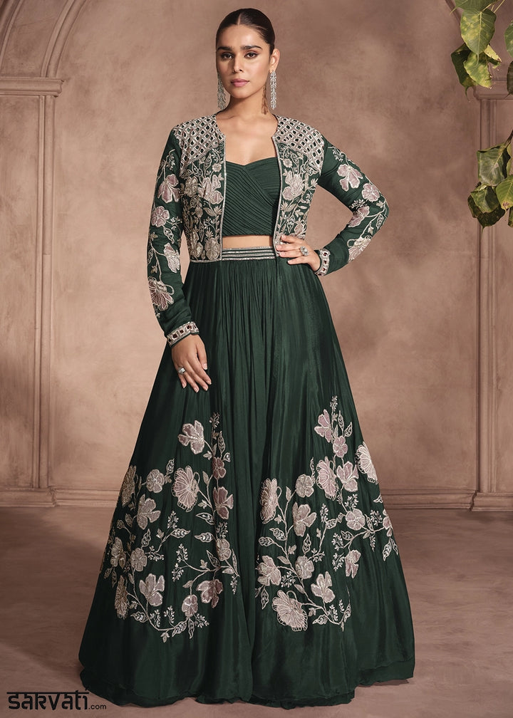 Sacramento Green Chinon Silk Top and Lehenga Outfit with Embroidery Shrug