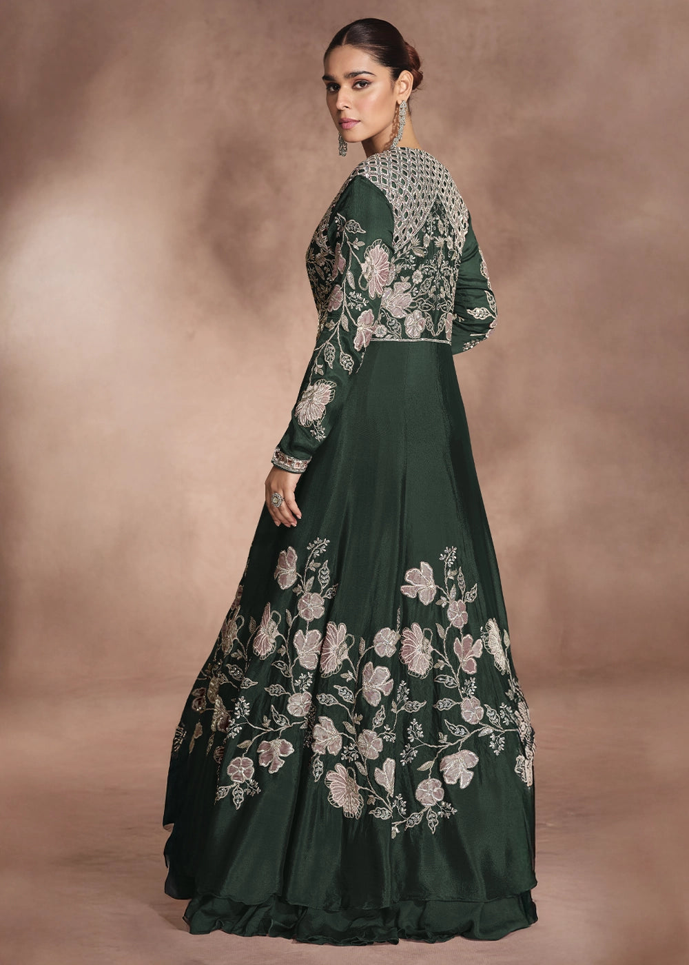 Sacramento Green Chinon Silk Top and Lehenga Outfit with Embroidery Shrug