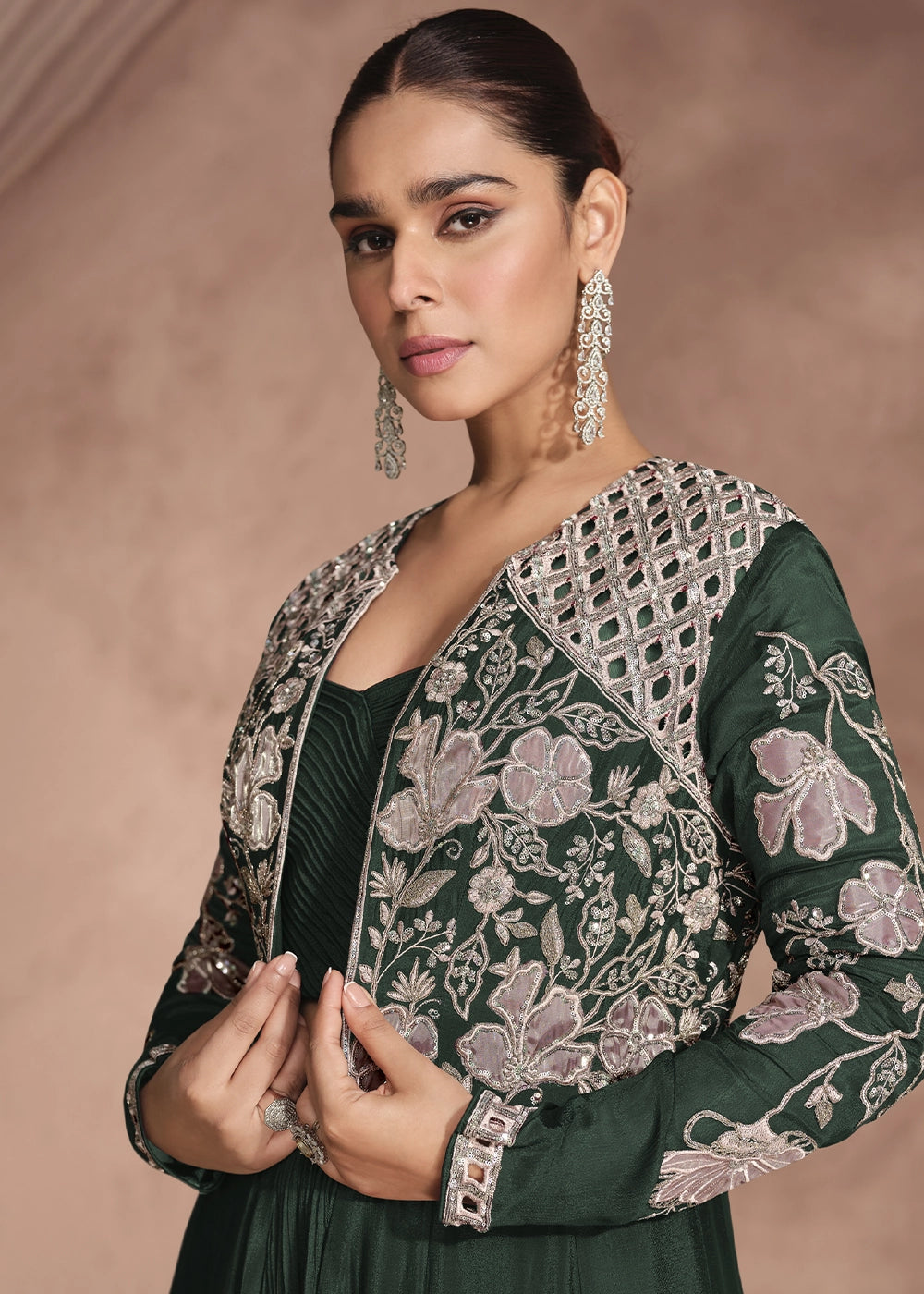 Sacramento Green Chinon Silk Top and Lehenga Outfit with Embroidery Shrug