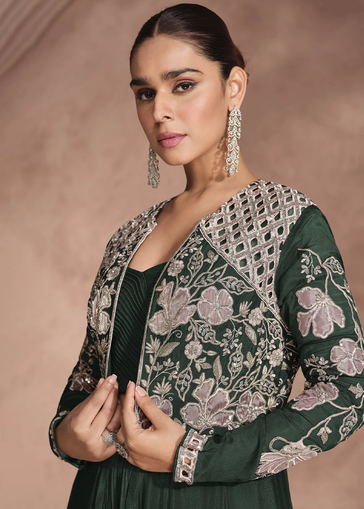 Sacramento Green Chinon Silk Top and Lehenga Outfit with Embroidery Shrug