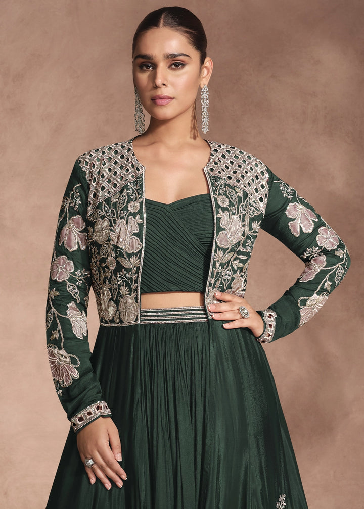 Sacramento Green Chinon Silk Top and Lehenga Outfit with Embroidery Shrug