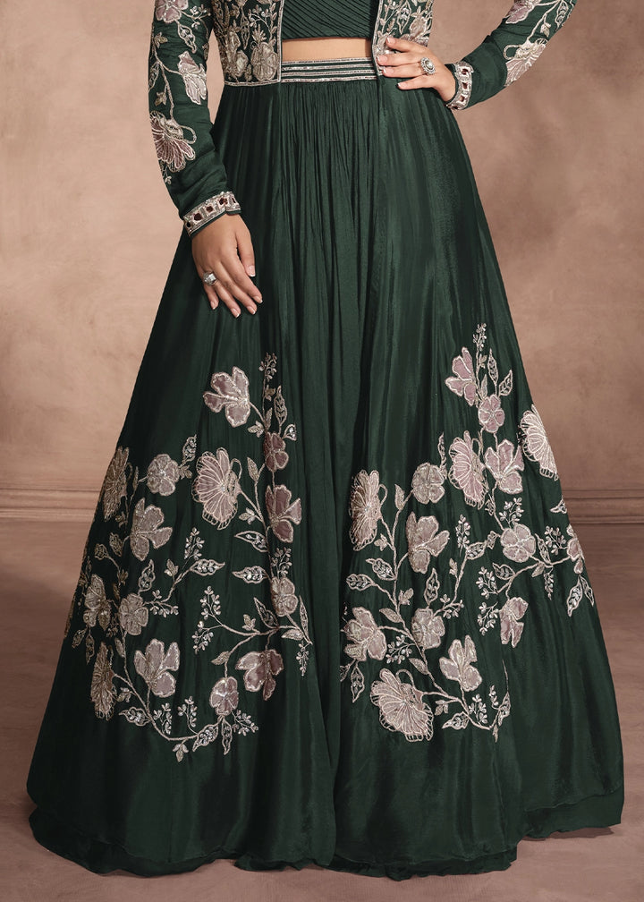 Sacramento Green Chinon Silk Top and Lehenga Outfit with Embroidery Shrug