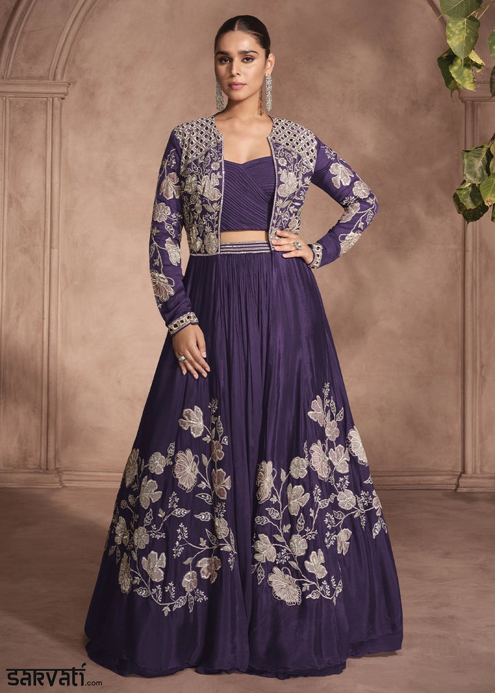 Indigo Purple Chinon Silk Top and Lehenga Outfit with Embroidery Shrug