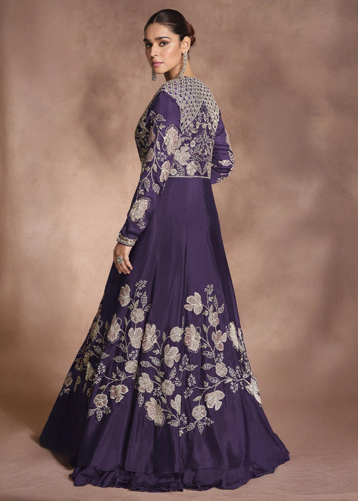Indigo Purple Chinon Silk Top and Lehenga Outfit with Embroidery Shrug