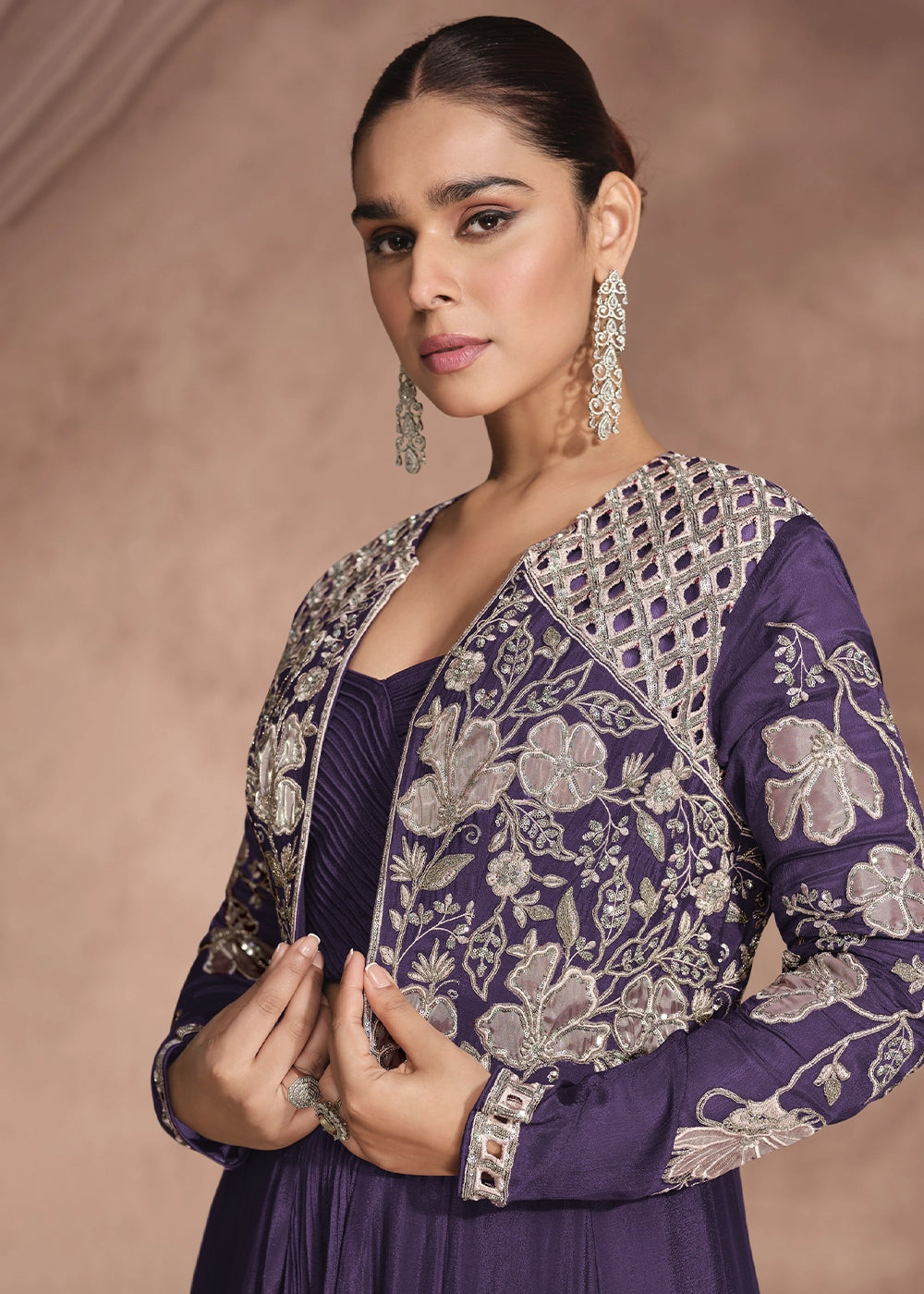 Indigo Purple Chinon Silk Top and Lehenga Outfit with Embroidery Shrug