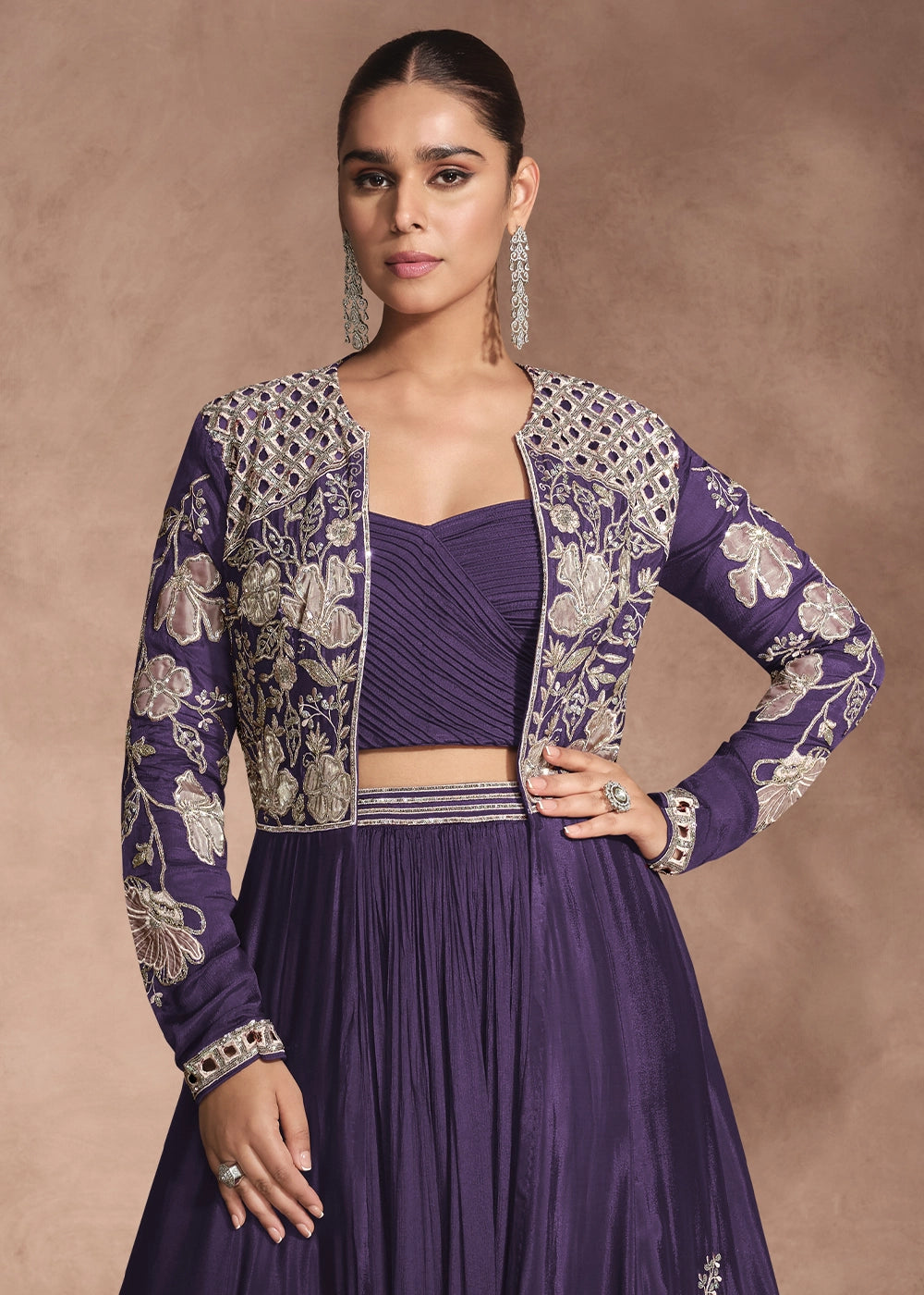 Indigo Purple Chinon Silk Top and Lehenga Outfit with Embroidery Shrug