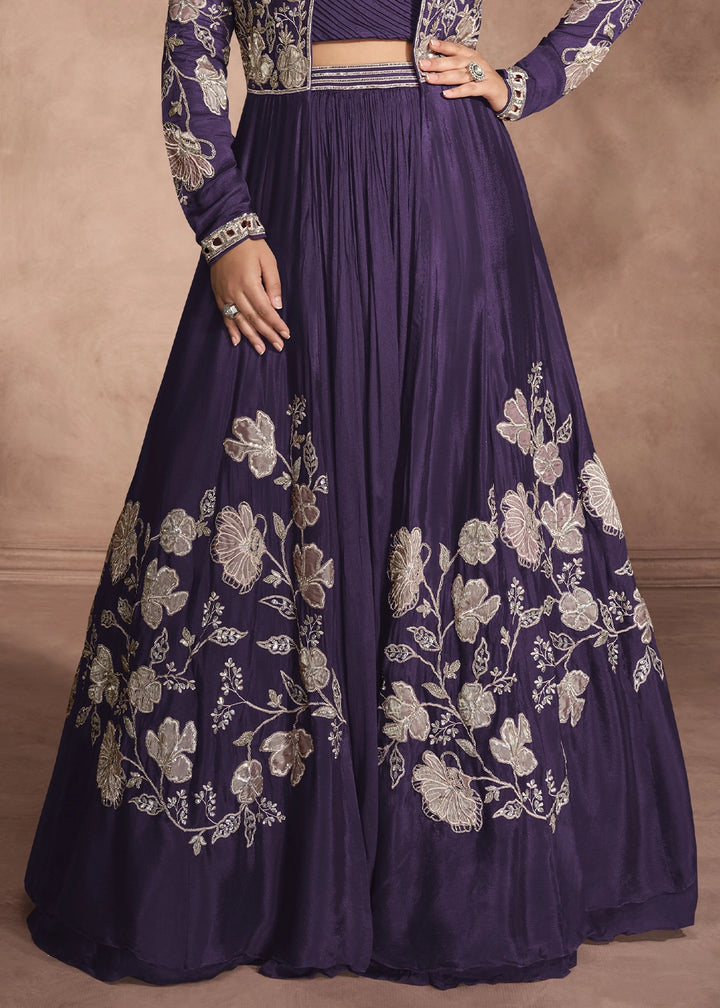 Indigo Purple Chinon Silk Top and Lehenga Outfit with Embroidery Shrug