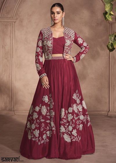 Maroon Red Chinon Silk Top and Lehenga Outfit with Embroidery Shrug