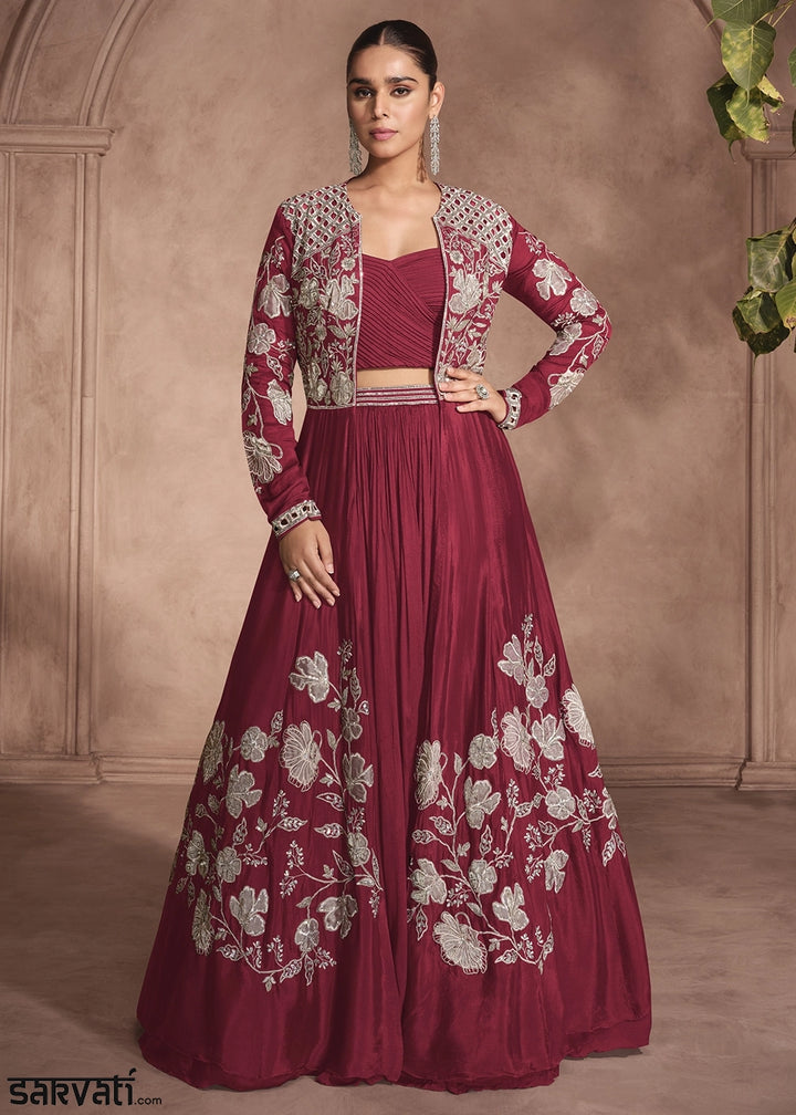 Maroon Red Chinon Silk Top and Lehenga Outfit with Embroidery Shrug