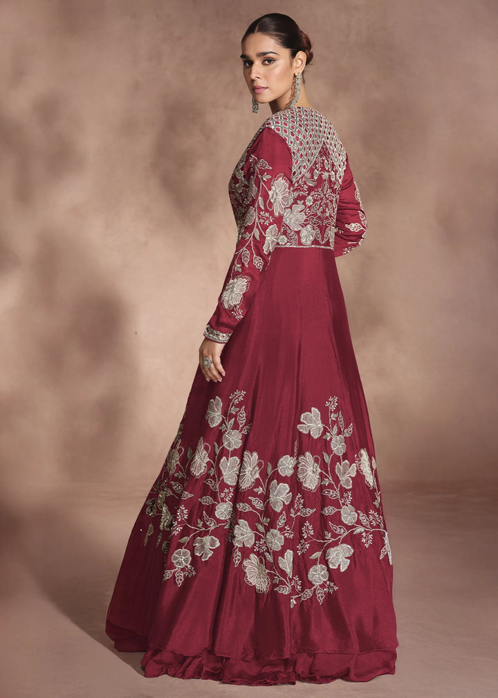 Maroon Red Chinon Silk Top and Lehenga Outfit with Embroidery Shrug