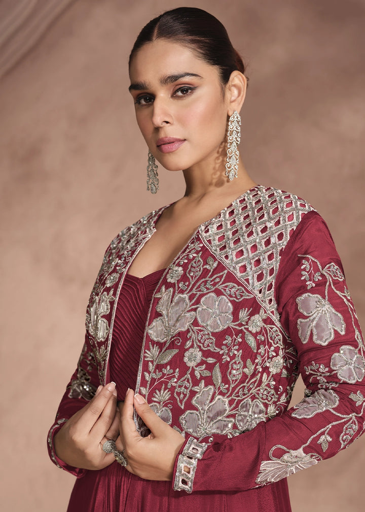 Maroon Red Chinon Silk Top and Lehenga Outfit with Embroidery Shrug