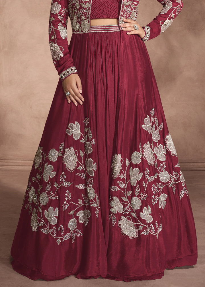 Maroon Red Chinon Silk Top and Lehenga Outfit with Embroidery Shrug