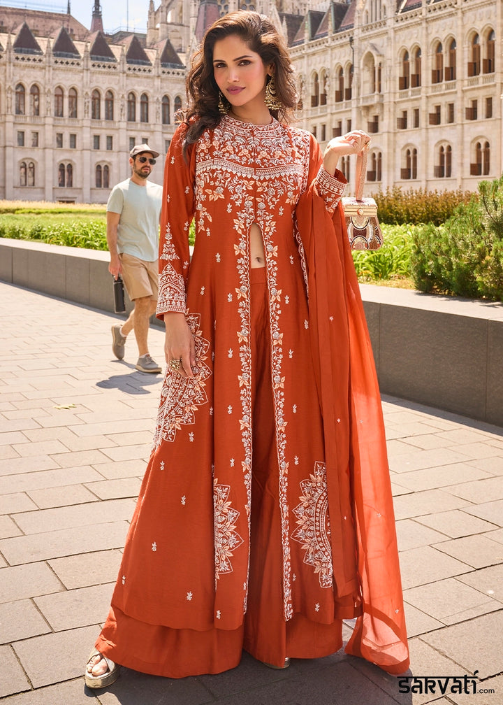 Vermillion Orange Silk Front Slit Kurta Palazzo Set with Embroidery work