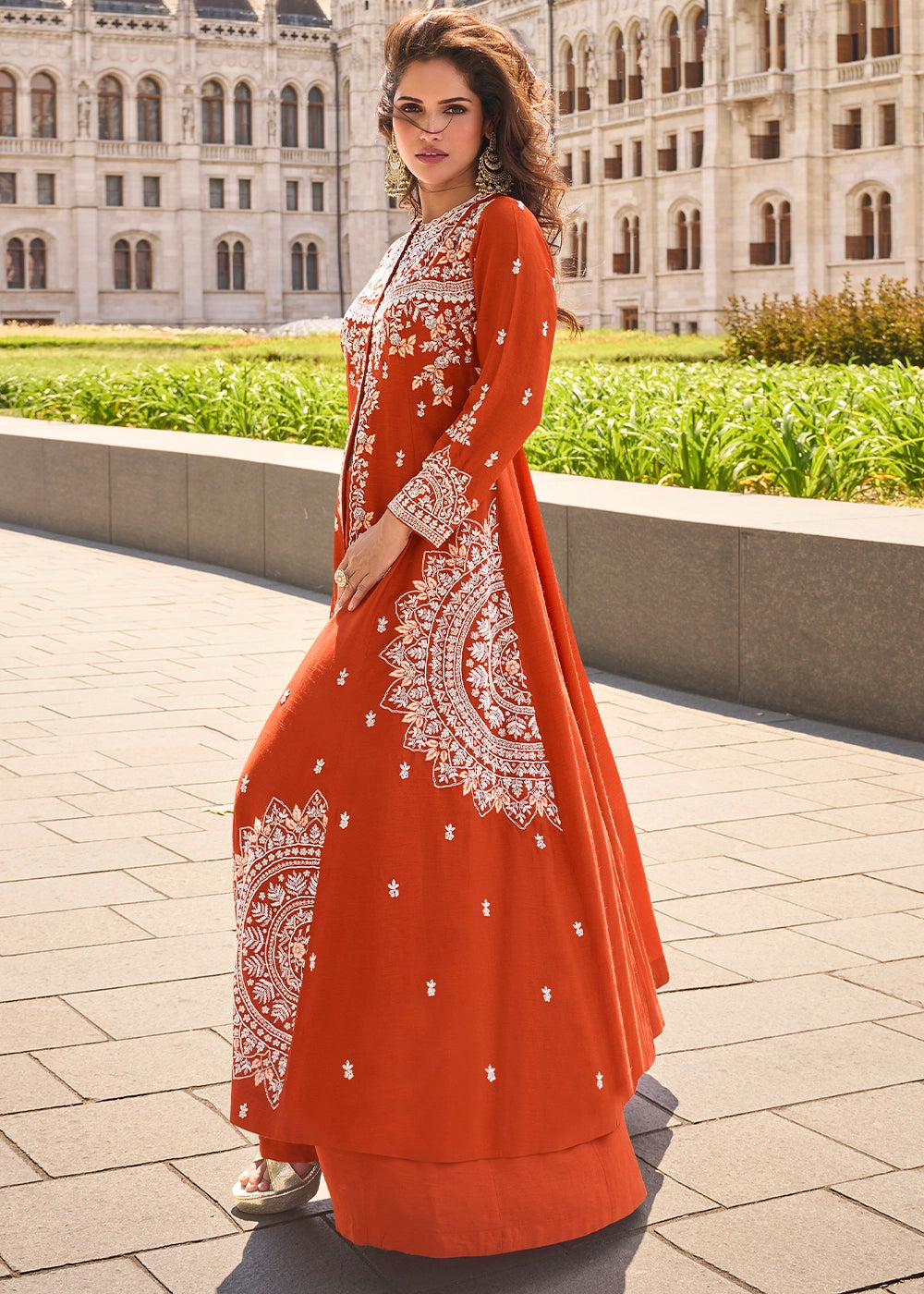 Vermillion Orange Silk Front Slit Kurta Palazzo Set with Embroidery work