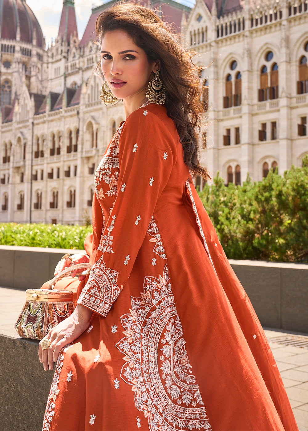 Vermillion Orange Silk Front Slit Kurta Palazzo Set with Embroidery work