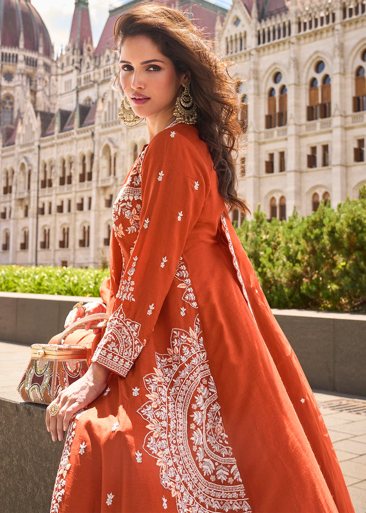 Vermillion Orange Silk Front Slit Kurta Palazzo Set with Embroidery work
