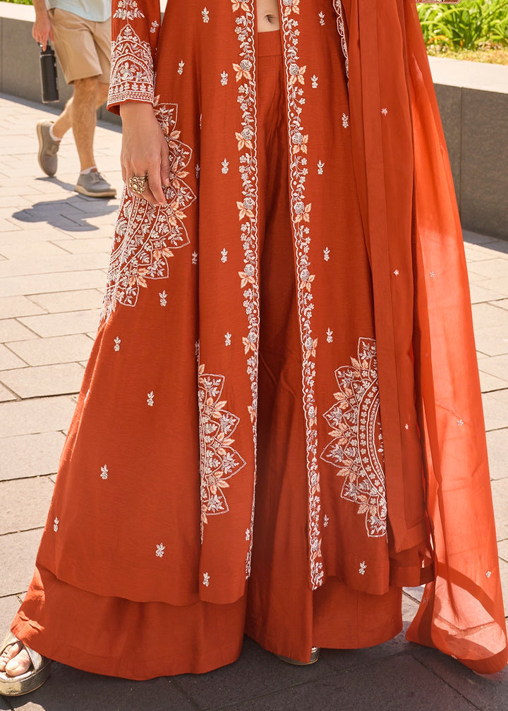 Vermillion Orange Silk Front Slit Kurta Palazzo Set with Embroidery work
