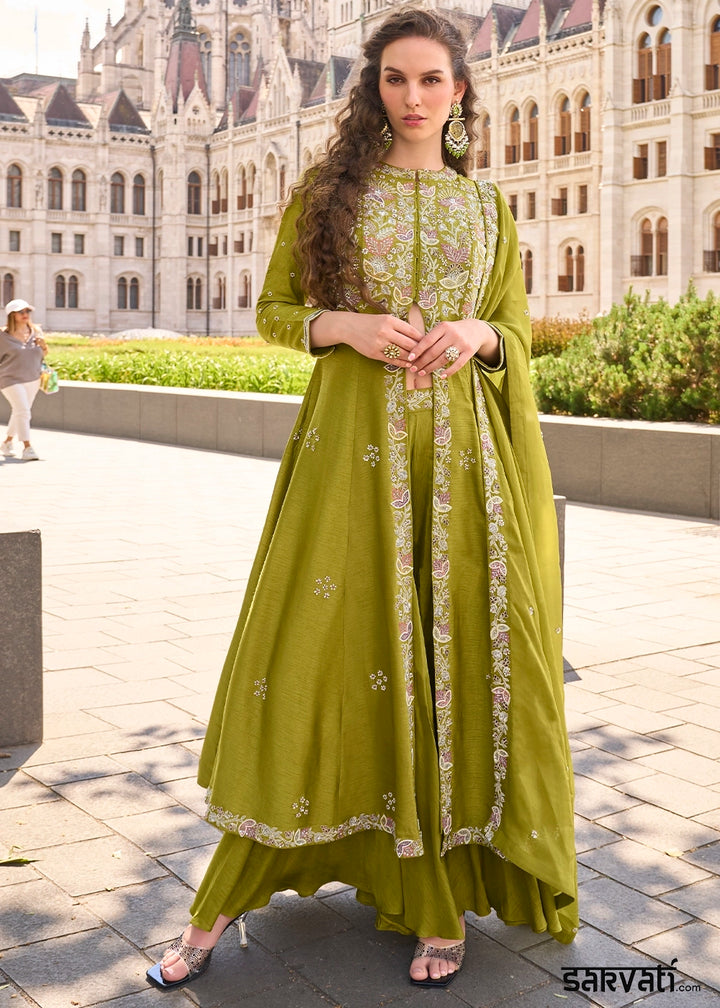 Waitrose Green Silk Front Slit Kurta Palazzo Set with Embroidery work