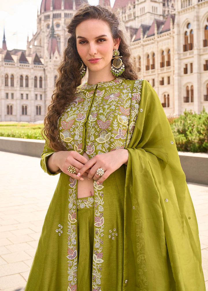Waitrose Green Silk Front Slit Kurta Palazzo Set with Embroidery work
