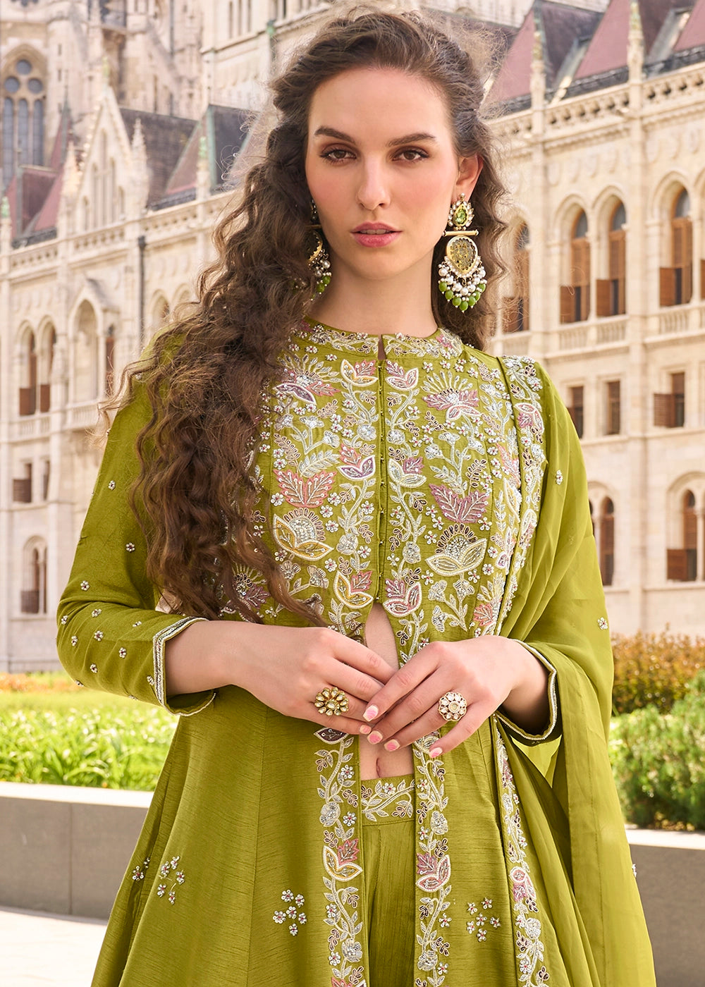 Waitrose Green Silk Front Slit Kurta Palazzo Set with Embroidery work