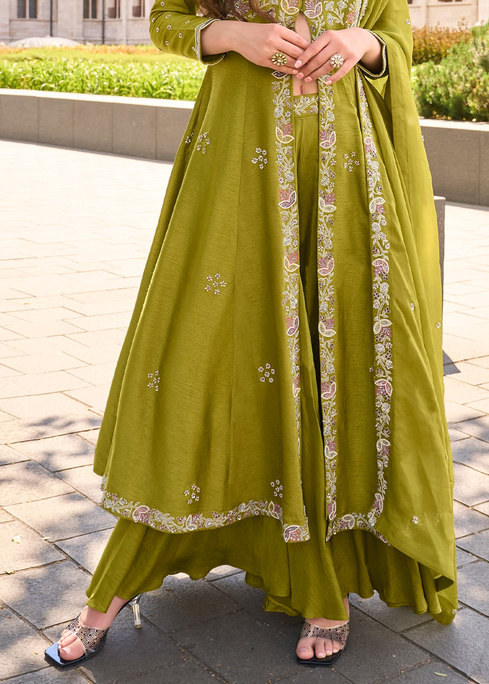Waitrose Green Silk Front Slit Kurta Palazzo Set with Embroidery work