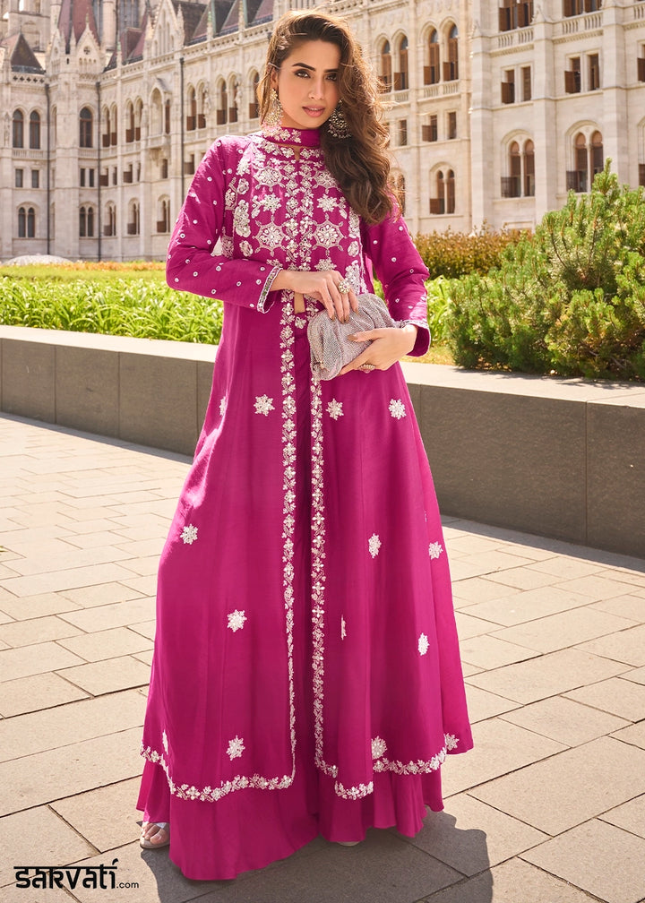 Magenta Pink Silk Front Slit Kurta Palazzo Set with Embroidery work