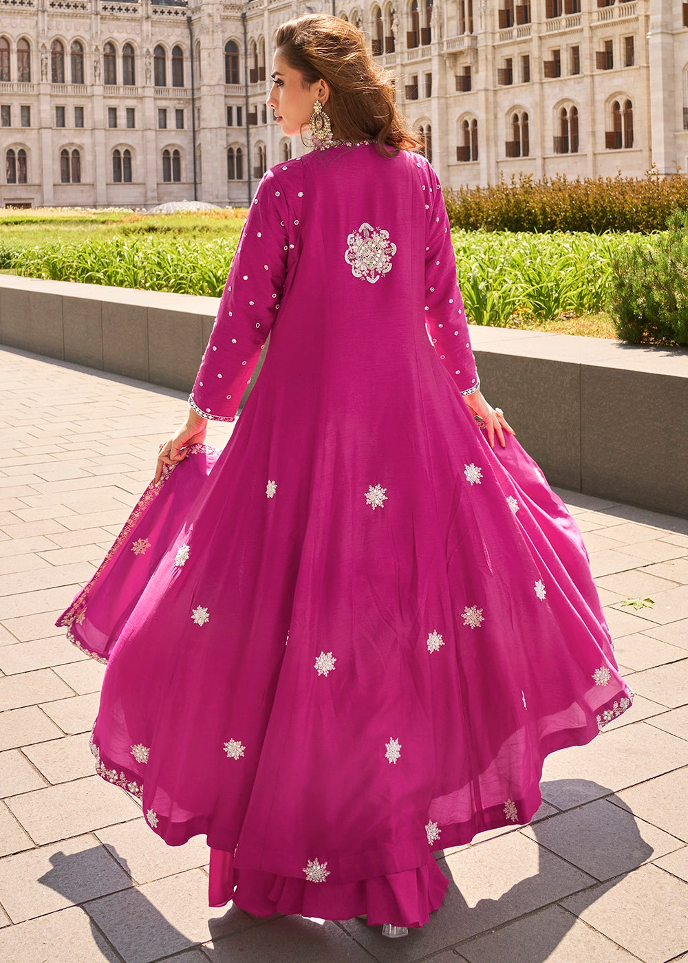 Magenta Pink Silk Front Slit Kurta Palazzo Set with Embroidery work