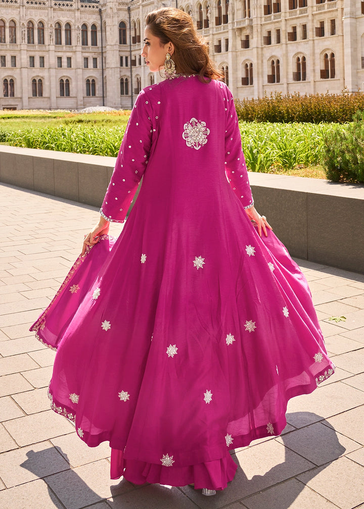 Magenta Pink Silk Front Slit Kurta Palazzo Set with Embroidery work