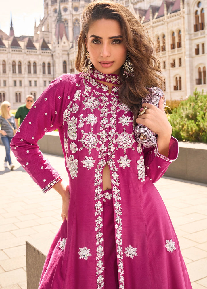 Magenta Pink Silk Front Slit Kurta Palazzo Set with Embroidery work