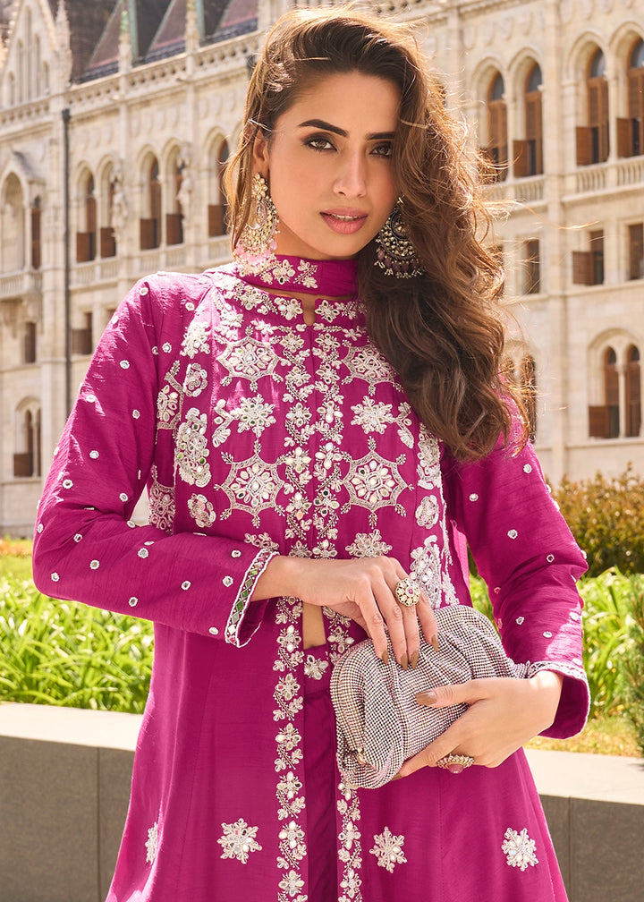 Magenta Pink Silk Front Slit Kurta Palazzo Set with Embroidery work