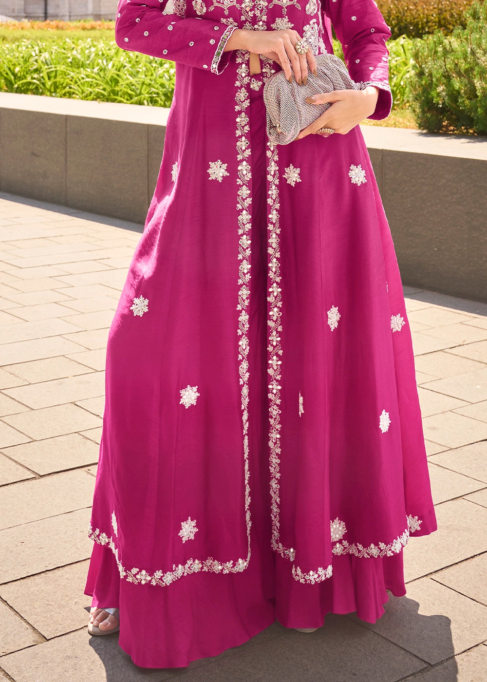 Magenta Pink Silk Front Slit Kurta Palazzo Set with Embroidery work