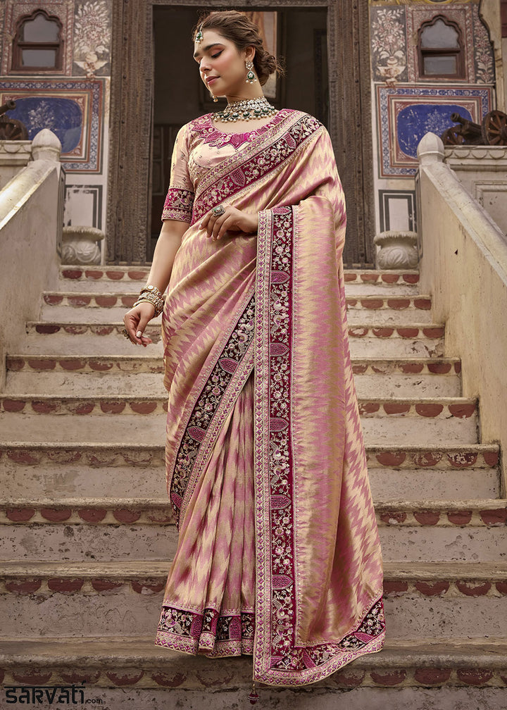 Flamingo Pink Viscose Kanchipuram Saree with Regal Weave Border