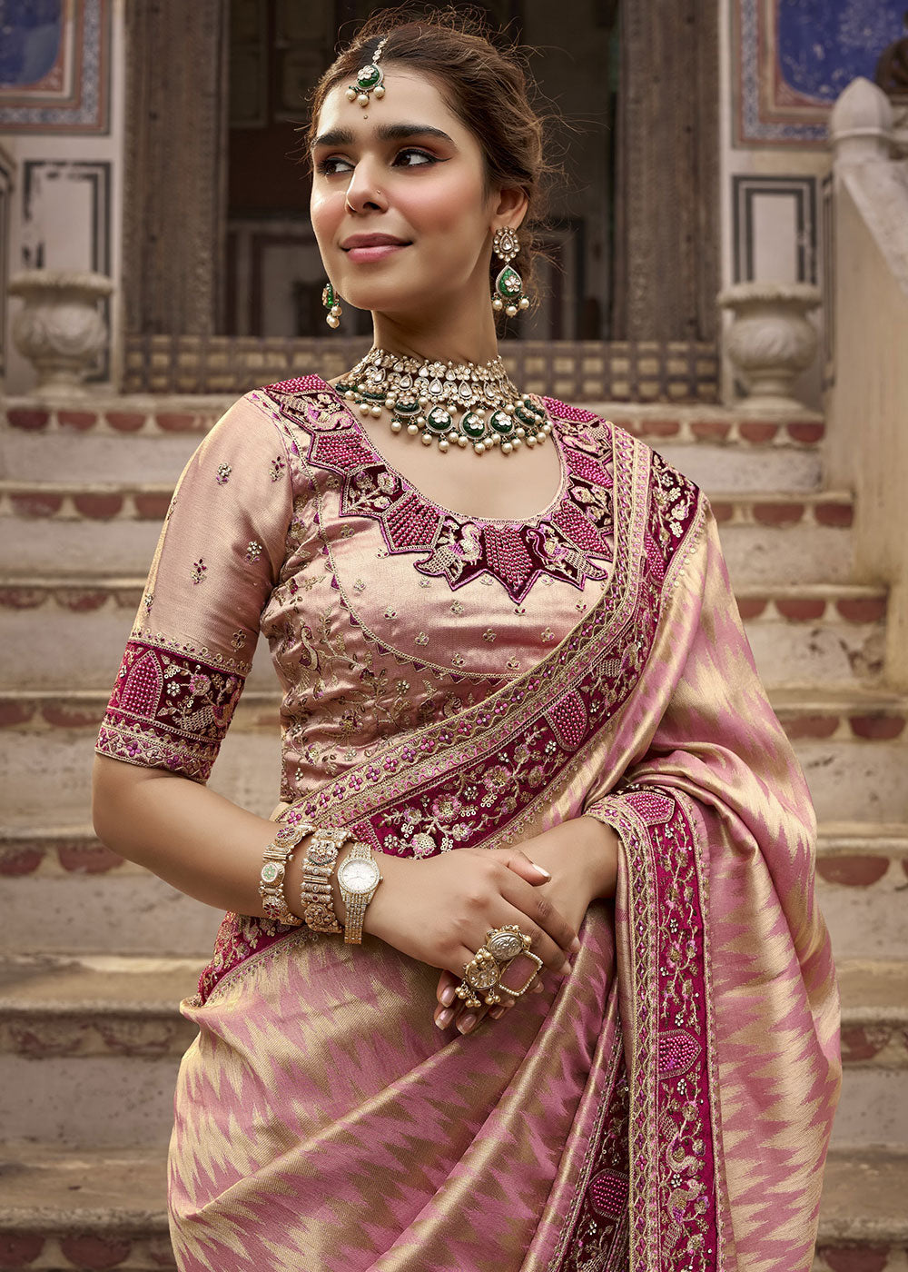Flamingo Pink Viscose Kanchipuram Saree with Regal Weave Border