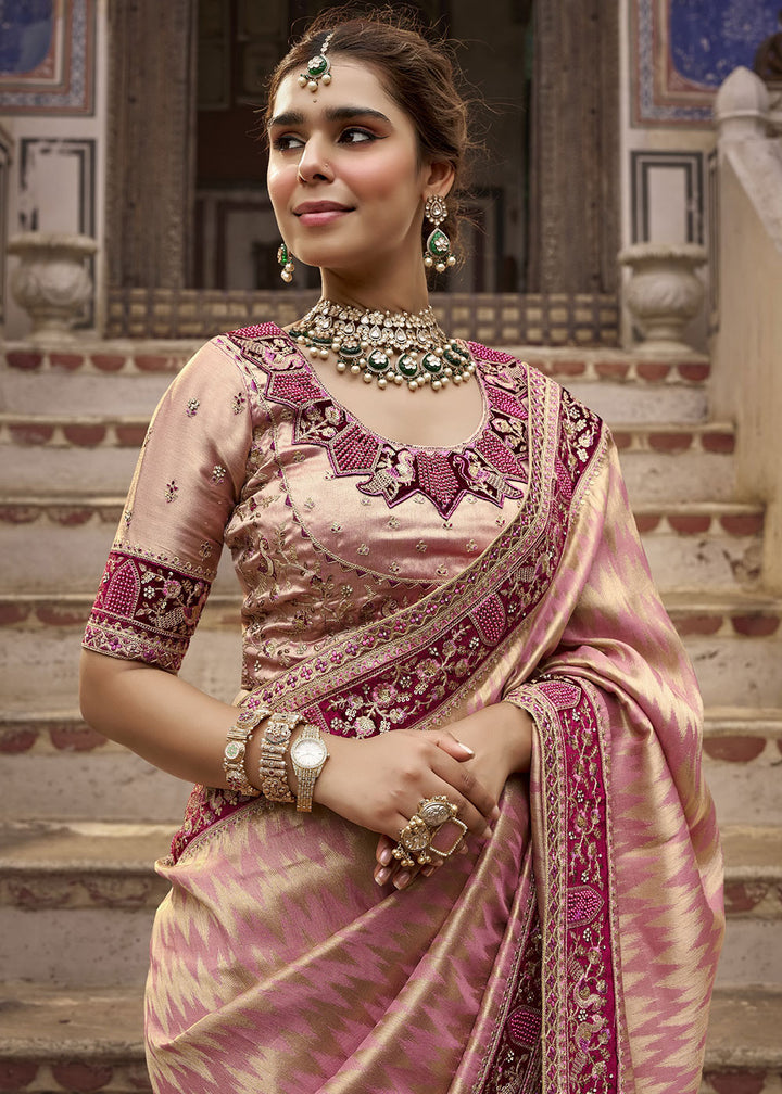 Flamingo Pink Viscose Kanchipuram Saree with Regal Weave Border