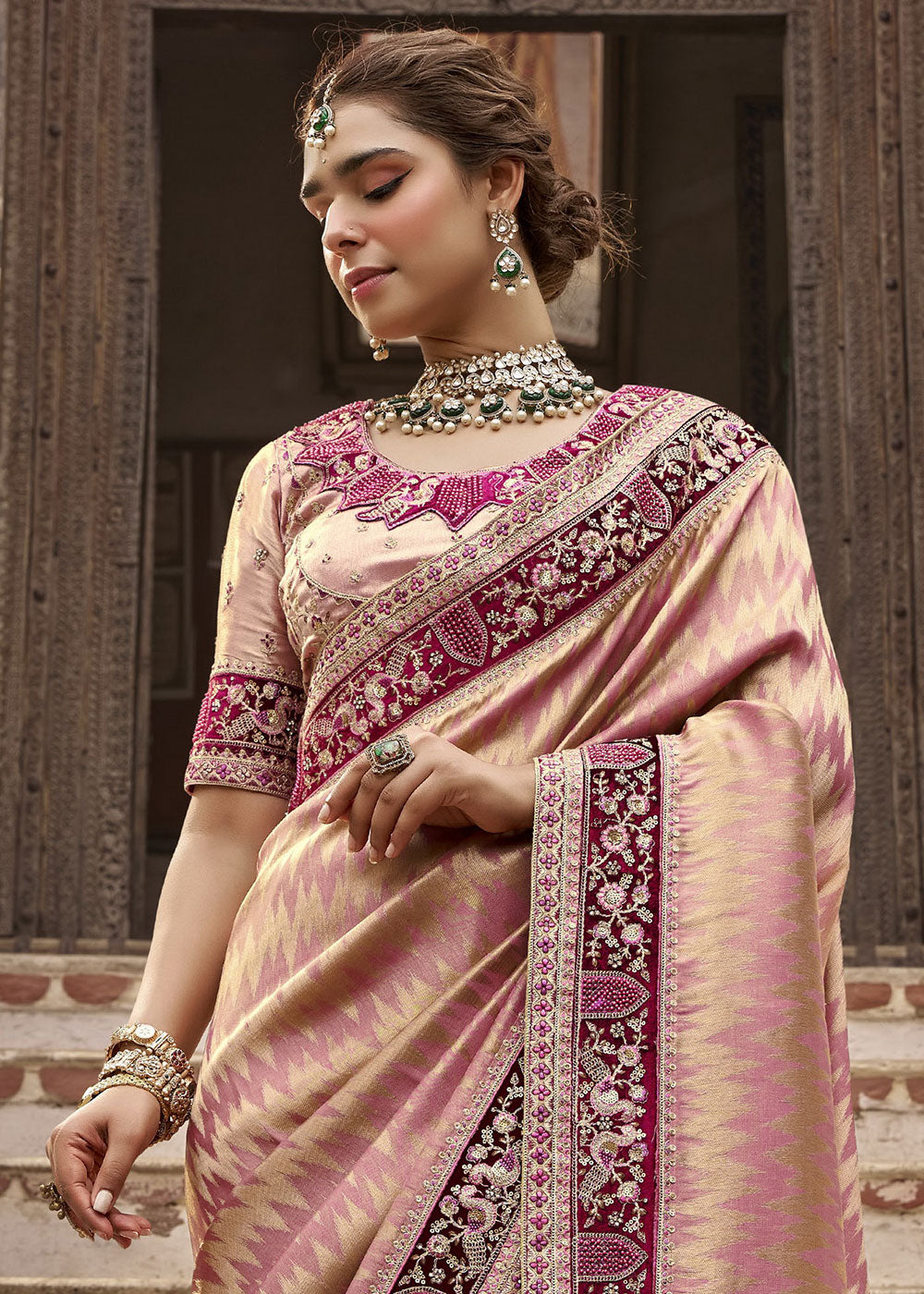 Flamingo Pink Viscose Kanchipuram Saree with Regal Weave Border