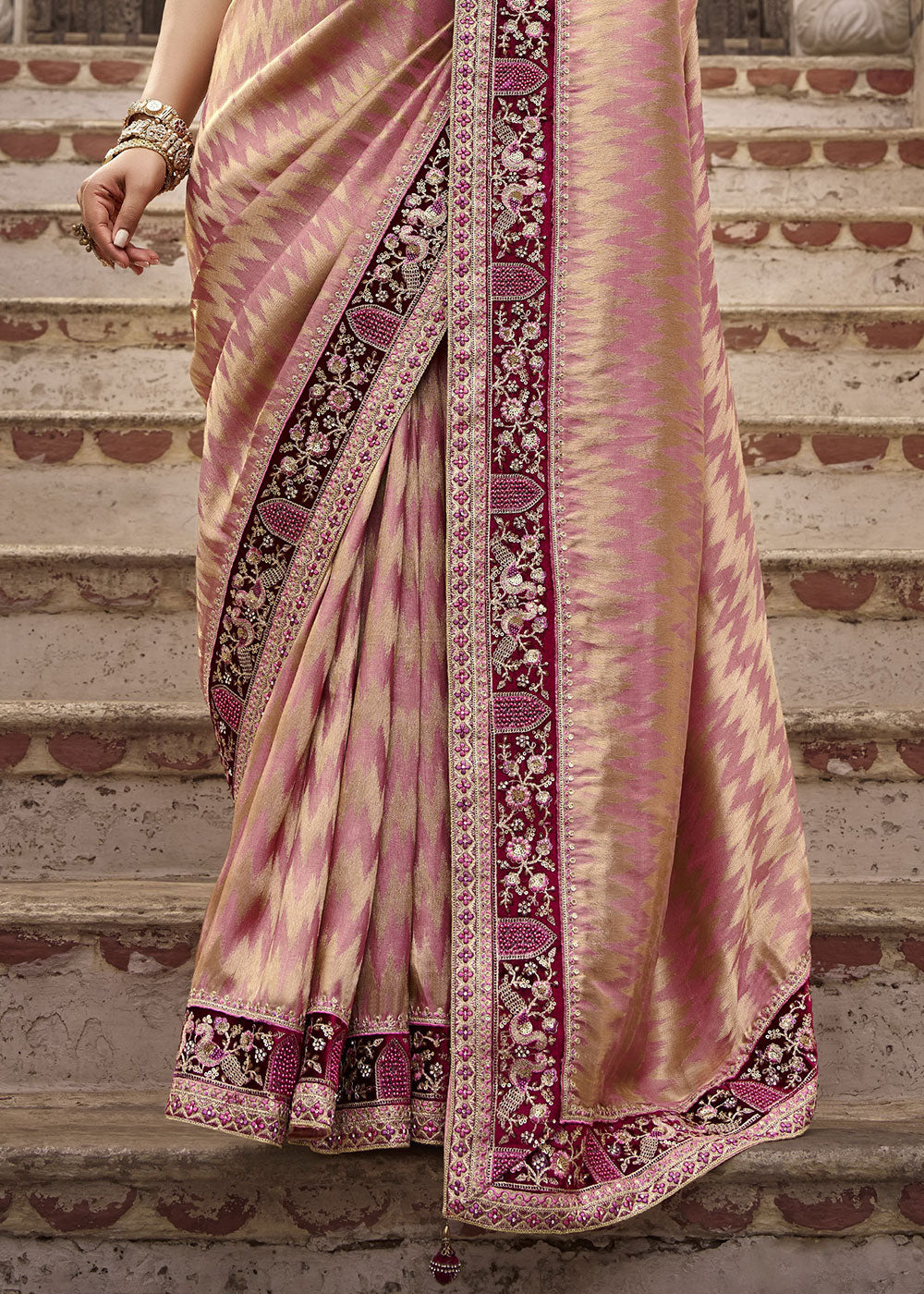 Flamingo Pink Viscose Kanchipuram Saree with Regal Weave Border