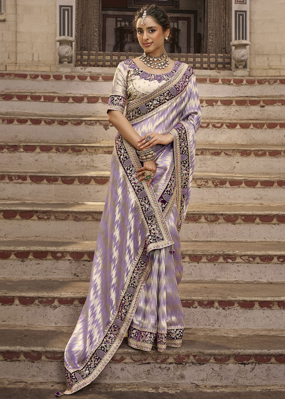 Heather Purple Viscose Kanchipuram Saree with Regal Weave Border