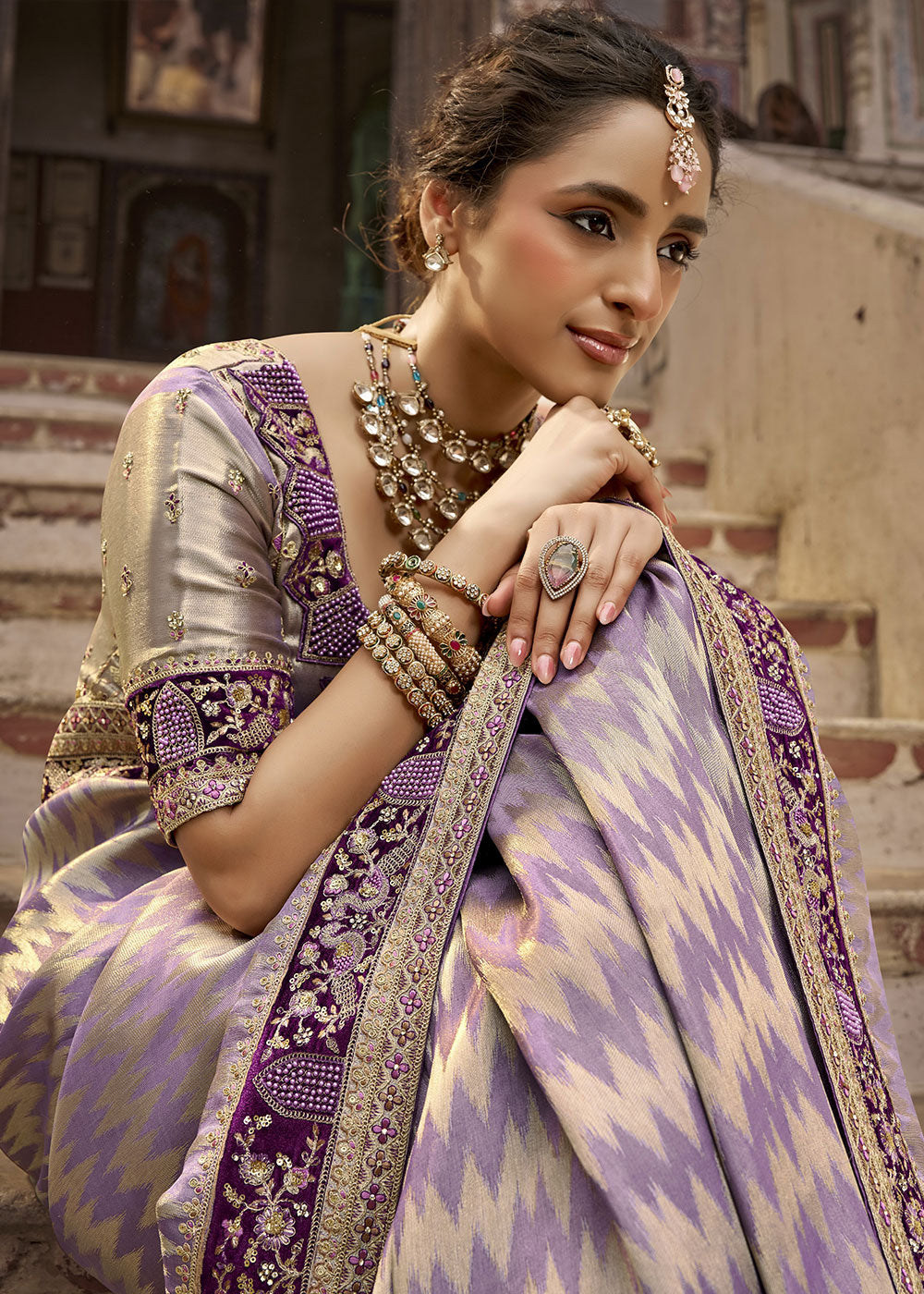 Heather Purple Viscose Kanchipuram Saree with Regal Weave Border