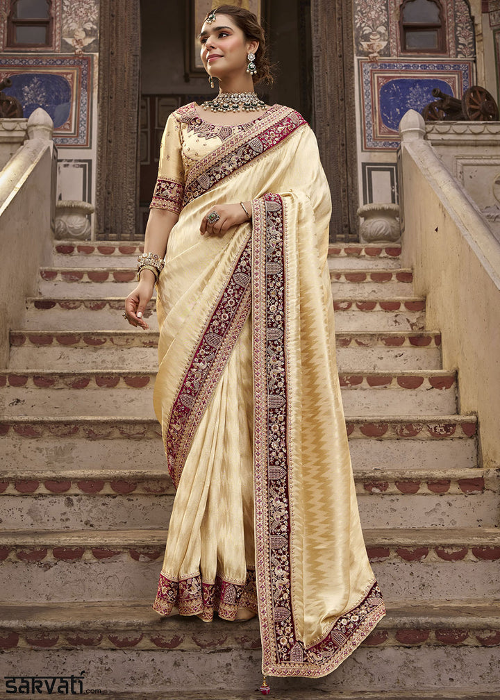 Dutch White Viscose Kanchipuram Saree with Regal Weave Border