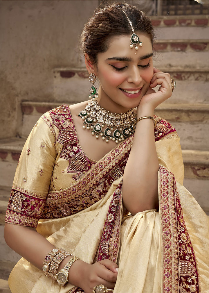 Dutch White Viscose Kanchipuram Saree with Regal Weave Border
