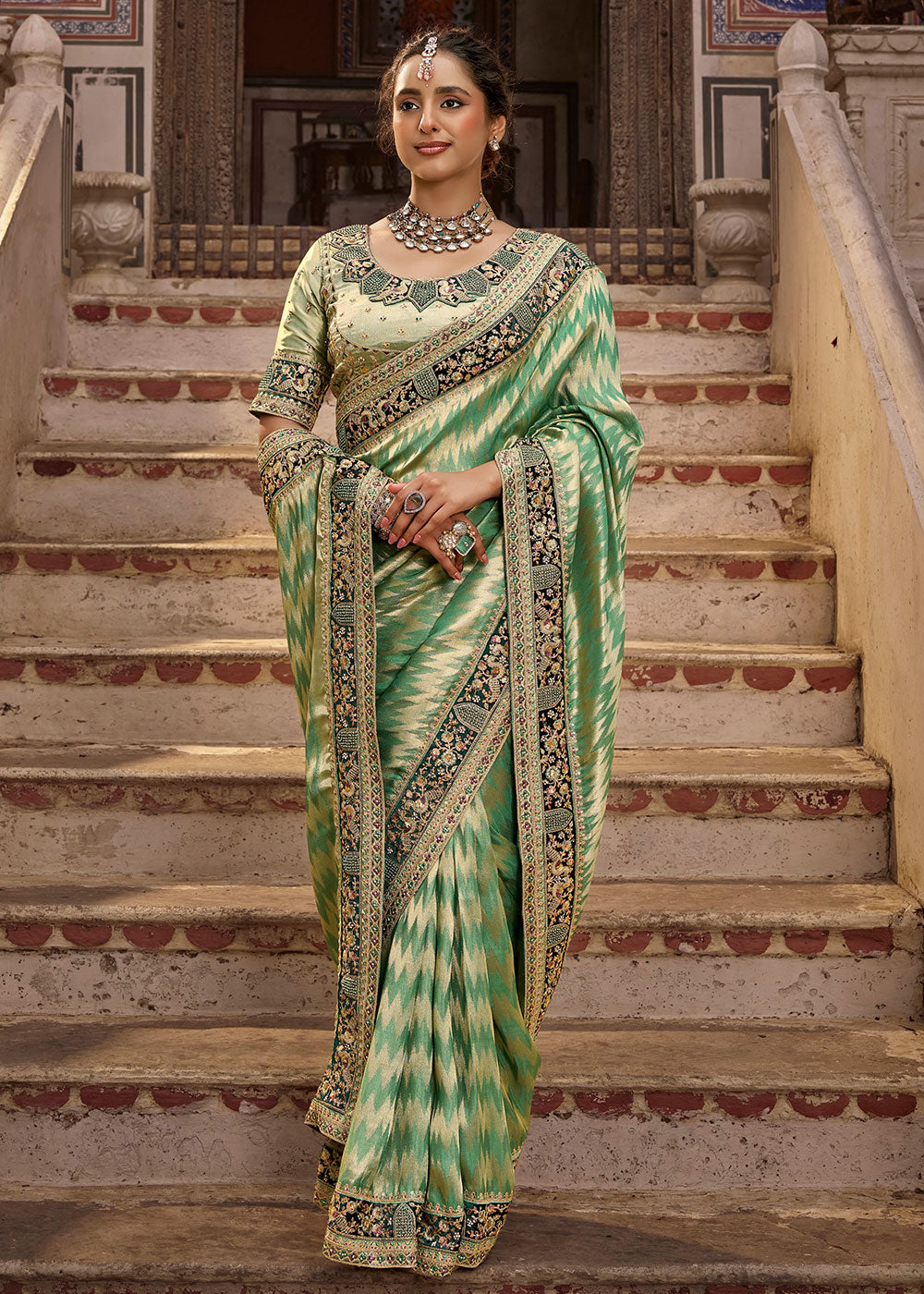 Pastel Green Viscose Kanchipuram Saree with Regal Weave Border
