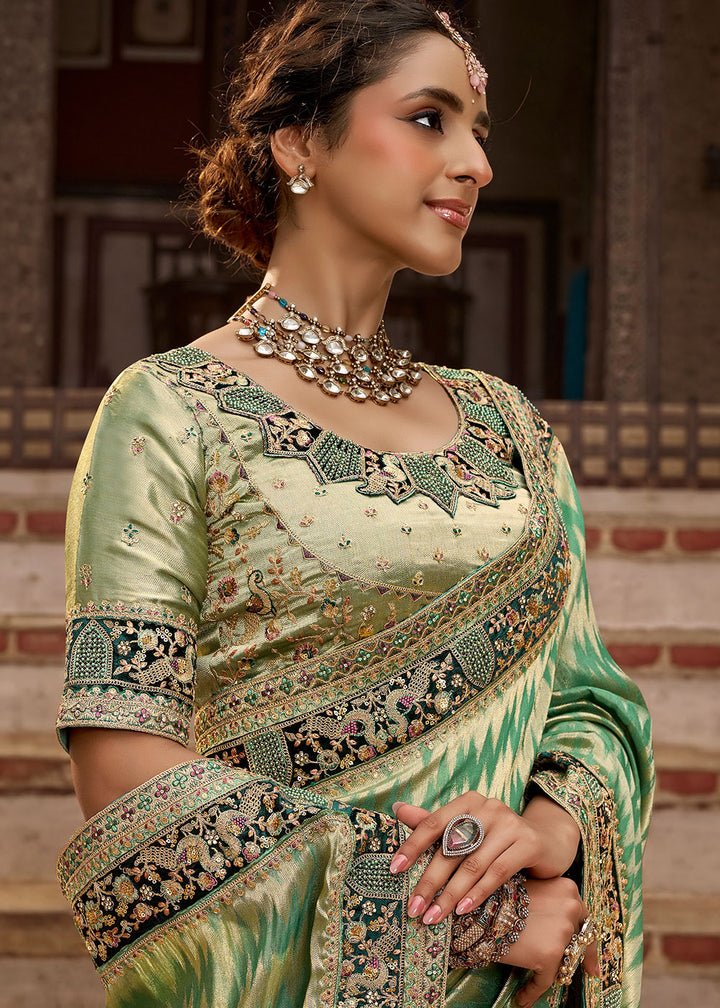 Pastel Green Viscose Kanchipuram Saree with Regal Weave Border