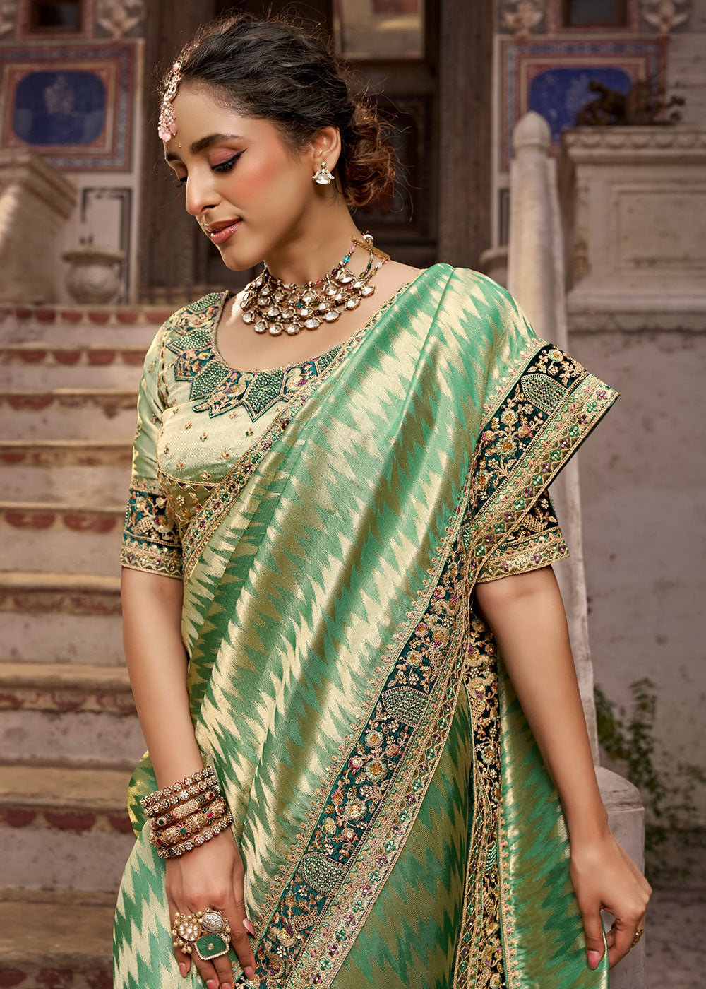 Pastel Green Viscose Kanchipuram Saree with Regal Weave Border