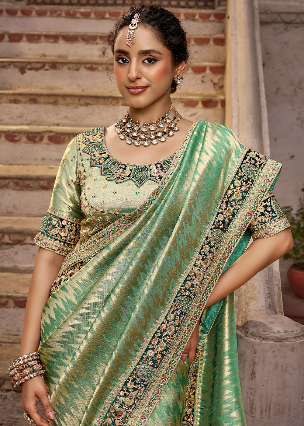 Pastel Green Viscose Kanchipuram Saree with Regal Weave Border