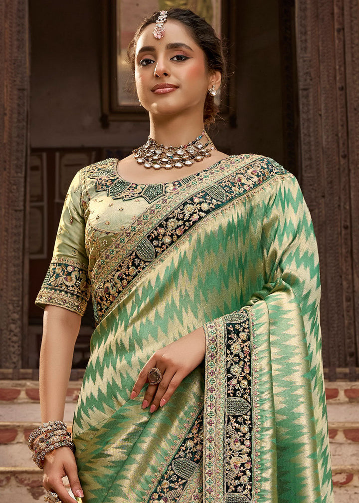 Pastel Green Viscose Kanchipuram Saree with Regal Weave Border