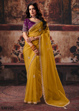 Honey Yellow Designer Organza Saree with Zari, Moti & Sequin Accents