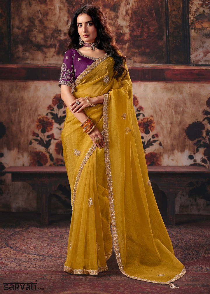 Honey Yellow Designer Organza Saree with Zari, Moti &amp; Sequin Accents