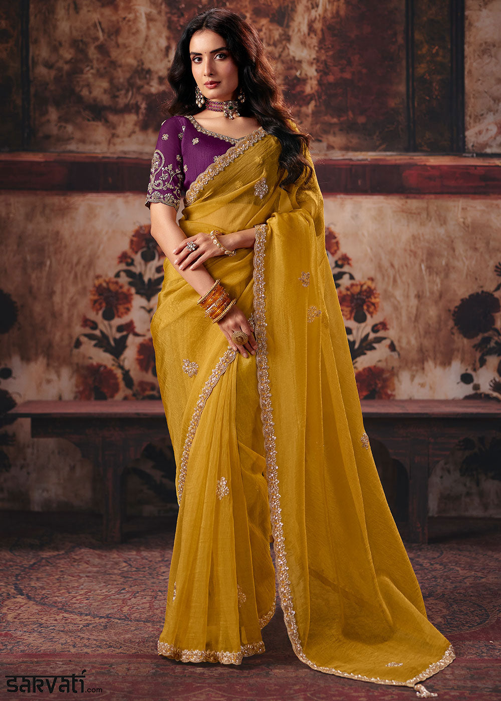 Honey Yellow Organza Saree with Threadwork &amp; Stone-Embellished Border