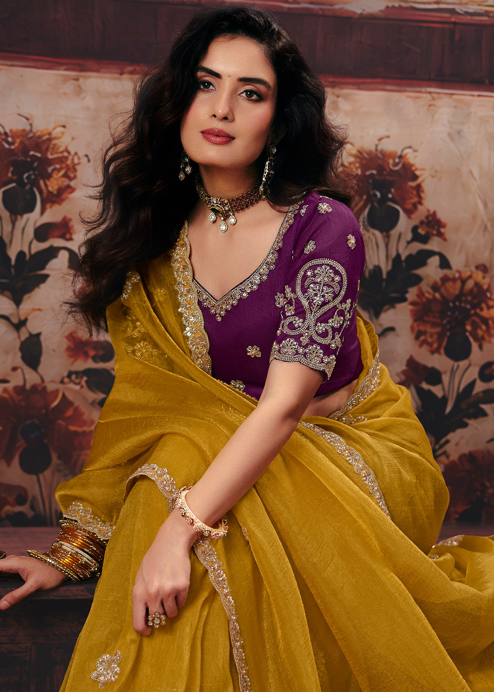 Honey Yellow Designer Organza Saree with Zari, Moti &amp; Sequin Accents