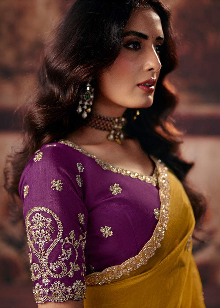 Honey Yellow Organza Saree with Threadwork &amp; Stone-Embellished Border